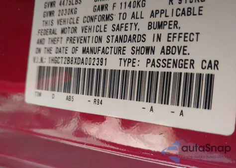 2013 Honda Accord Ex-L V-6 from USA, damaged, VIN 1HGCT2B8XDA002391